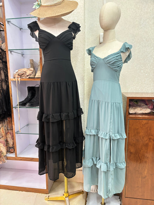 Summer Solid Color Deep V-Neck Layer Flounce Dresses